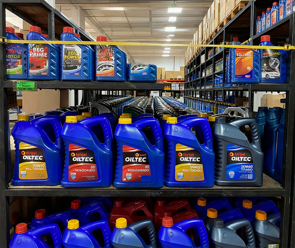 Bodega con garrafas de aceites y lubricantes para maquinaria