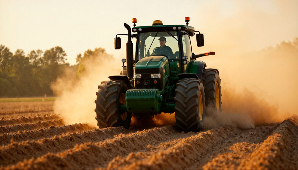 Tractor agrícola arando un campo al atardecer