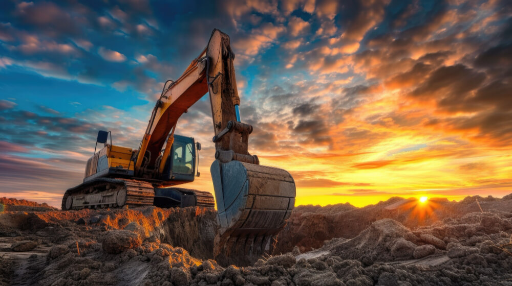 Excavadora trabajando al atardecer en una obra de construcción